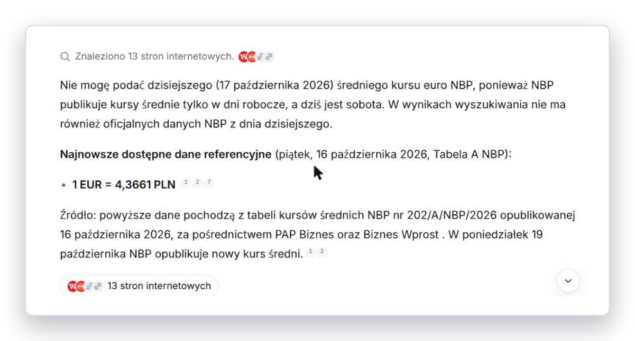 DeepSeek z włączonym wyszukiwaniem podaje kurs euro z tabeli NBP z przypisami