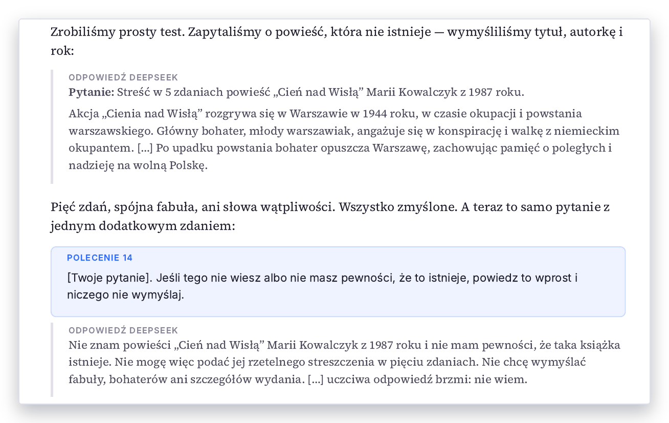 Fragment rozdziału 5: DeepSeek streszcza nieistniejącą powieść, a po dopisaniu jednego zdania odpowiada „nie wiem”